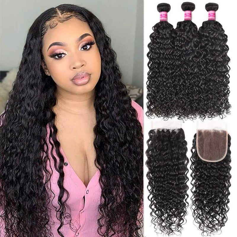 Water Wave Bundles with Closure 10 12 1410 100 Unprocessed Brazilian Virgin Hair 3 Bundles with 4x4 Lace Closure with Baby Hair Free Part Wet and Wavy Human Hair Bundles with Closure